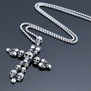 Gothic skull cross pendant necklace in silver finish with stainless steel square pearl chain