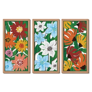 Three-piece geometric wooden floral wall art panels with colorful 3D hollow design