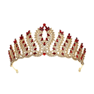 Luxurious gold Baroque bridal crown with red rhinestones and intricate alloy leaf design