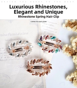 Detailed view of three vintage rhinestone spring hair clips with elegant crystal floral patterns
