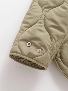 Close-up of olive green quilted jacket cuffs showing precise stitching and metallic snap buttons