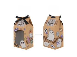 Front and back detail of Kraft paper Halloween treat box with window and ribbon handle