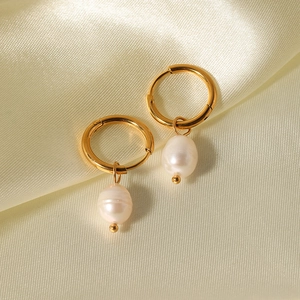 French vintage titanium steel hoop earrings with white freshwater pearl pendants on silk