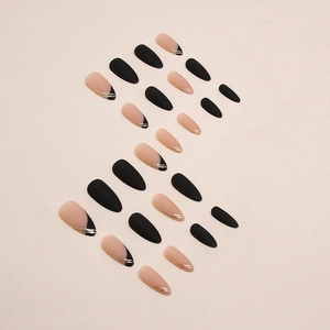Matte black and pink almond press-on nails with French tips and silver glitter accents