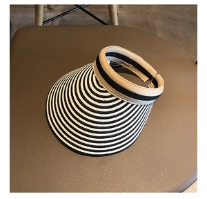 Close-up of the woven texture and black-white striped brim of this empty-top sun hat