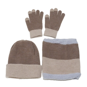 Detail showing knit texture and touchscreen fingertips on warm winter set in tricolor