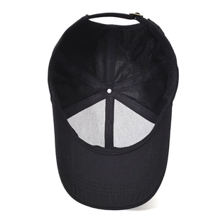 Breathable black cotton mesh baseball cap with metal buckle and reinforced stitching