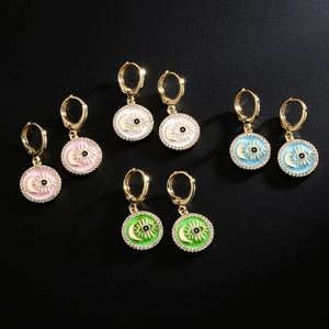 Evil Eye Moon Round Pendant Hoop Earrings Gold Plated Copper Enamel Zircon Celestial Mystic Jewelry For Women