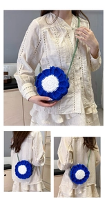 Detail of blue and white crochet flower bag with green woven strap worn by a model