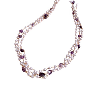 French style multi-layer necklace with white pearls and purple amethyst stone beads