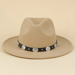 Khaki wool jazz fedora hat with wide brim and silver studded leather band decoration