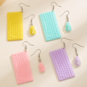 Macaron colored keyboard and mouse pendant earrings in yellow, teal, pink and purple
