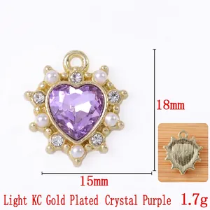 Purple crystal heart pendant in baroque style with light KC gold plating and pearls