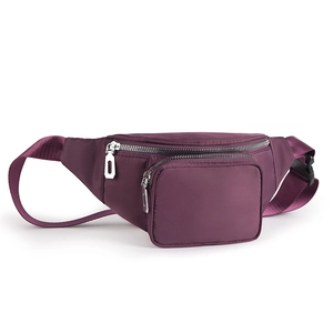 Detailed shot of dark purple nylon fanny pack with dual zippers and durable plastic buckle