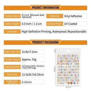 Detailed specs of 0.5-inch waterproof vinyl alphabet stickers showing sizes and 15 sheets