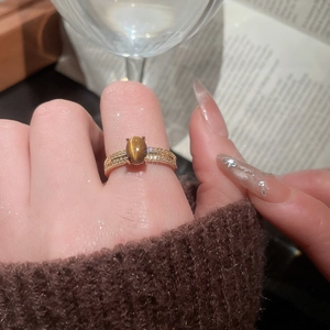 Close-up of gold-plated tiger eye ring with double-row micro-pave crystals on a model hand