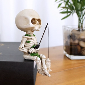Fishing Skeleton Figurine Resin Moss Detail Miniature Halloween Gothic Decor Garden Ornament Desktop Sculpture Novelty