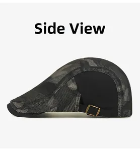 Side view of lightweight mesh sun hat featuring camo pattern and vintage metal side buckle