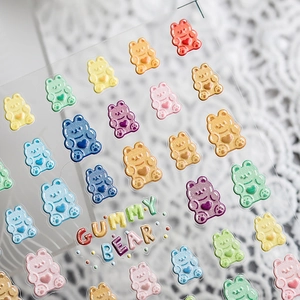 3D puffy gummy bear nail art stickers with heart detail and pearlescent colorful finish