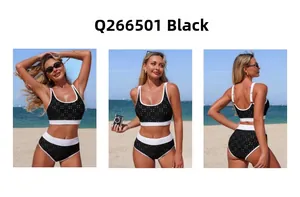 Three-way view of a black high-waisted bikini set with white piping and polka dot texture