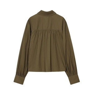 Olive green poplin shirt with stylish puff sleeves and pleated back detail for women