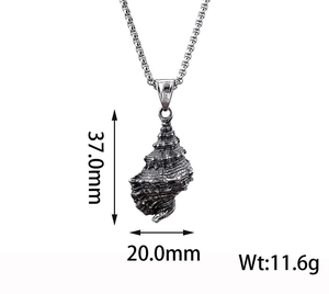 Detailed macro view of conch shell pendant showing 37mm height and 20mm width specs