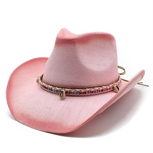 Western Cowboy Papier Strohhut Breite Krempe Sonnenschutz Sommerurlaub Ethnisch Böhmisch Muscheldekor Geflochtenes Band Damen