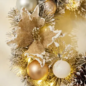 40cm Nordic silver Christmas wreath with pine cones, burlap flowers and warm LED lights