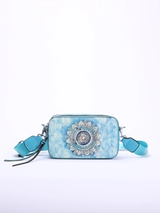 Detailed blue faux leather camera bag with white mandala print and wide webbed strap