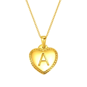 Polished gold stainless steel heart necklace with letter A pendant on white background