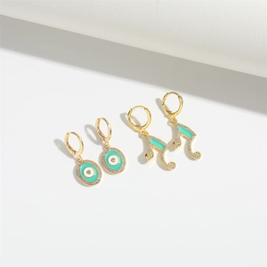 Chic gold-plated Evil Eye and Snake earrings set with blue enamel and zircon stones