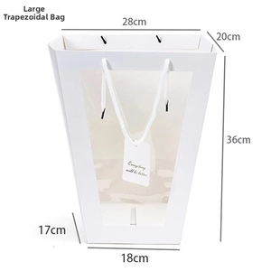 Detail of white trapezoid gift bag with transparent window and sturdy woven handle