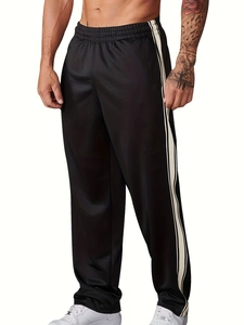 Men's black straight-leg track pants with side white stripes for gym and running