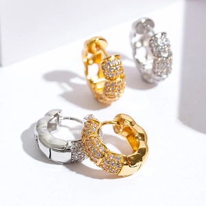 Bamboo style hoop earrings with micro-paved cubic zirconia in gold and silver finish