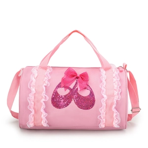 Pink ballet dance bag for girls with sequined shoes, lace trim and adjustable strap