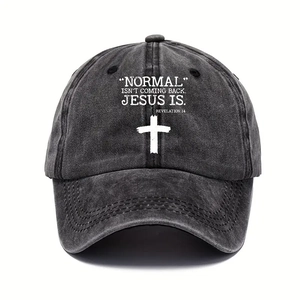 Washed black baseball cap with white 'NORMAL' cross print and religious text