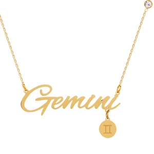 Detailed view of Gemini gold zodiac necklace with script pendant and engraved round charm