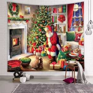 Detail eines Weihnachtswandteppichs mit Weihnachtsmann, Kamin und Tannenbaum