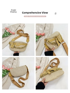 Detailed views of khaki straw crossbody bag with gold chain and metal horse logo