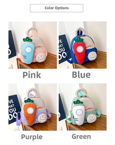 Detail view of cartoon kids backpacks in four vibrant colors with 3D carrot pockets