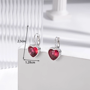 Elegant lever-back heart drop earrings with red micro-inlaid stones in silver stainless steel