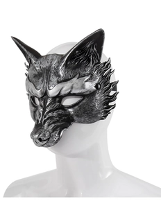 Detail view of retro silver wolf mask with intricate hair textures and metallic finish