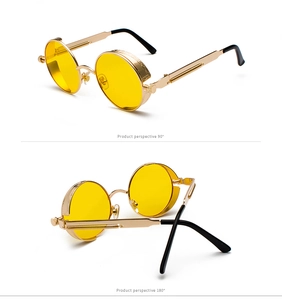 Detailed views of steampunk round sunglasses with gold frames and spring temple accents