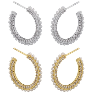 Copper C Shaped Hoop Earrings With Imitation Artificial Pearls And Cubic Zirconia Elegant Fashion Jewelry For Women