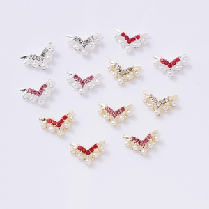 Alloy Nail Art Charms With Faux Artificial Pearl And Rhinestone V-Shape Hollow Crown Style Japanese Nail Decorations For DIY Manicure