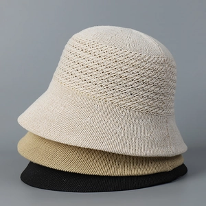 Knitted Bucket Hat Cotton Polyester Blend Hollow Out Breathable Sun Protection Wide Brim Summer Travel Foldable Women