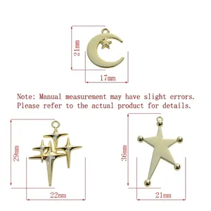 Size chart for alloy star and moon charms with detailed height and width dimensions