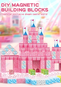Detailed view of pink dream castle DIY magnetic blocks set for girls creative building