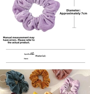 Detail view of 7cm diameter velvet hair scrunchies showing thick pleated texture and colors