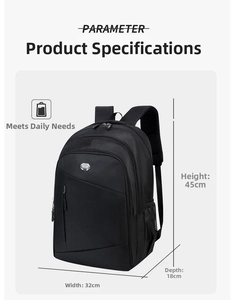 Detail view of black oxford backpack with dimensions 45x32x18cm and side mesh pocket
